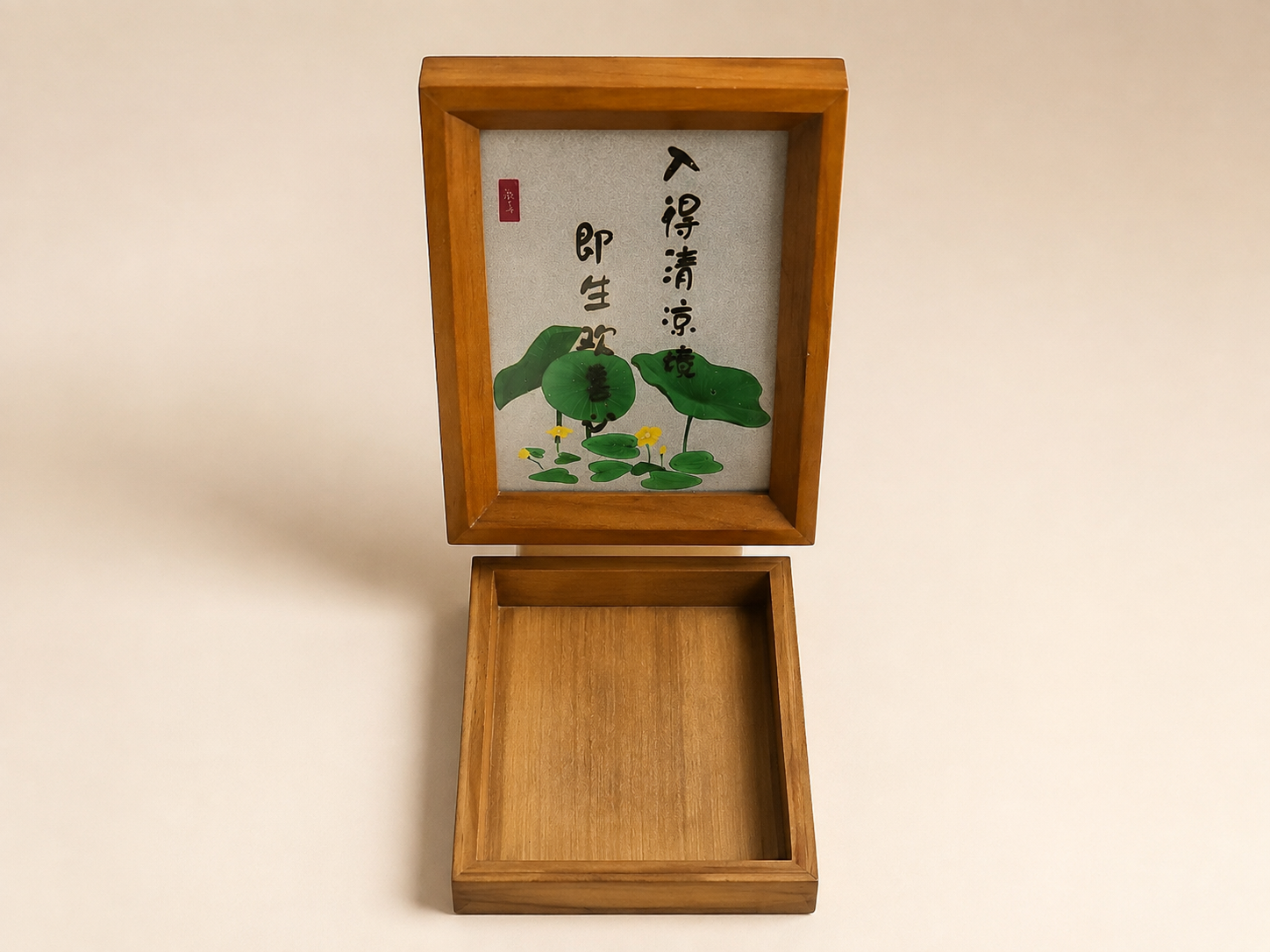 荷花图案松木盒实拍图2